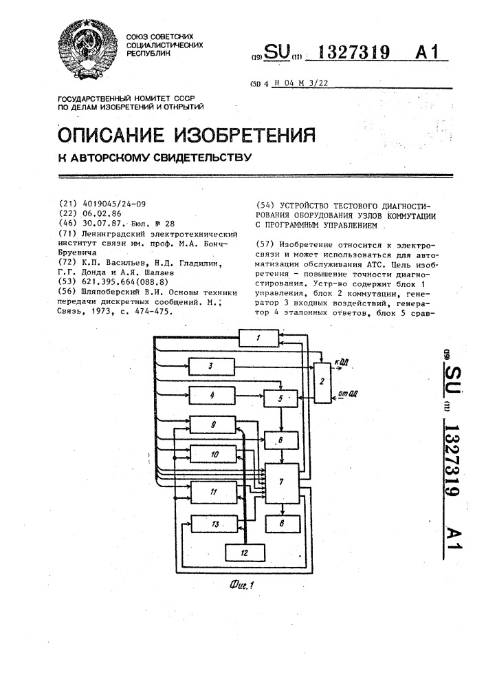 Устройство тестового диагностирования оборудования узлов коммутации с программным управлением (патент 1327319)