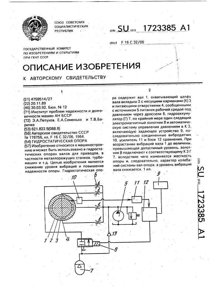 Гидростатическая опора (патент 1723385)