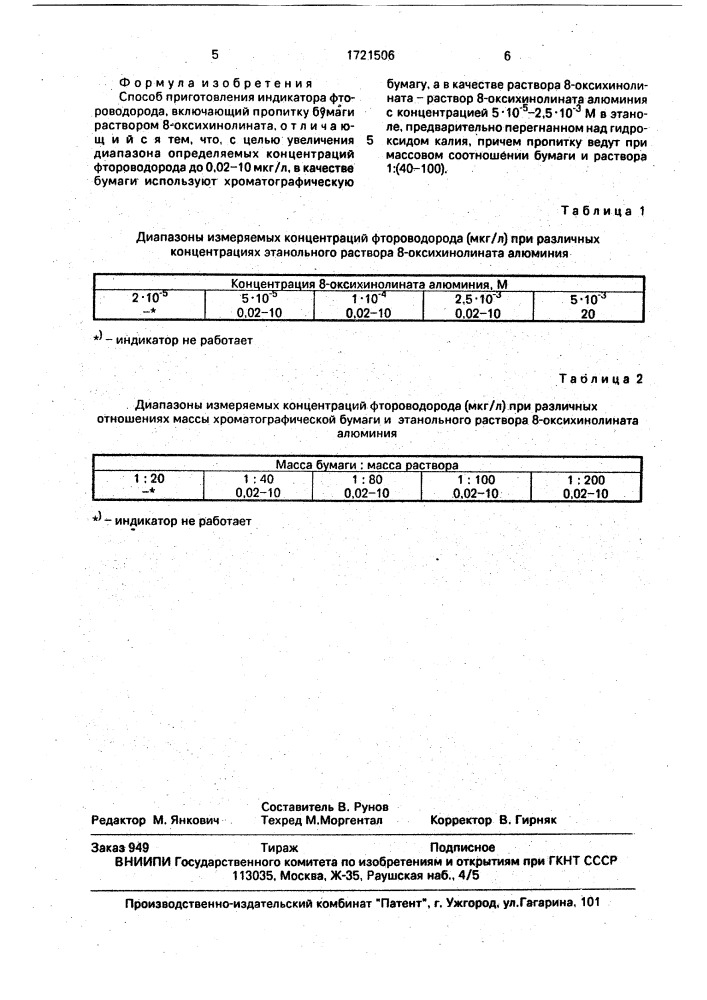 Способ приготовления индикатора фтороводорода (патент 1721506)