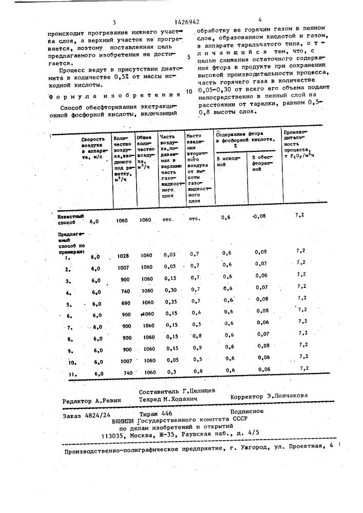 Способ обесфторивания экстракционной фосфорной кислоты (патент 1426942)