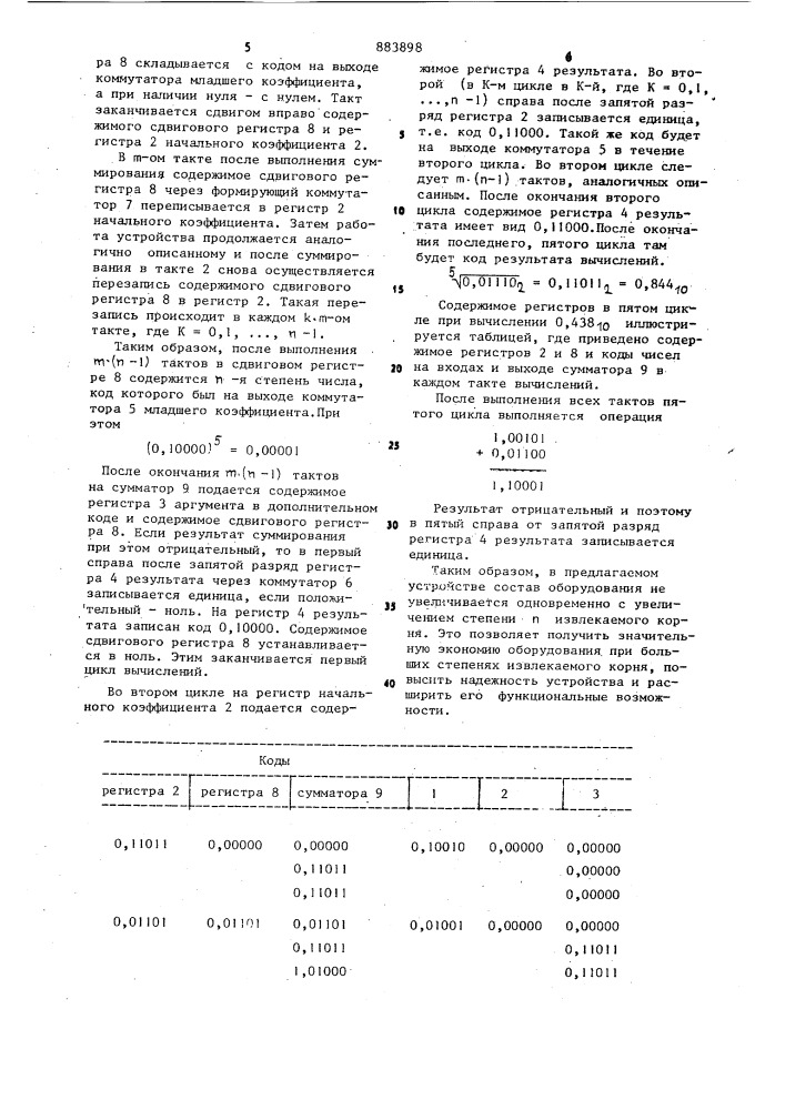 Устройство для извлечения корня п-й степени (патент 883898)