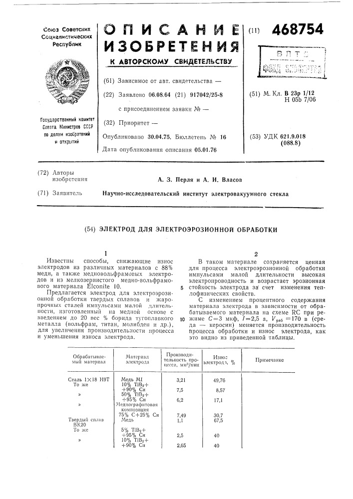Электрод для электроэрозионной обработки (патент 468754)