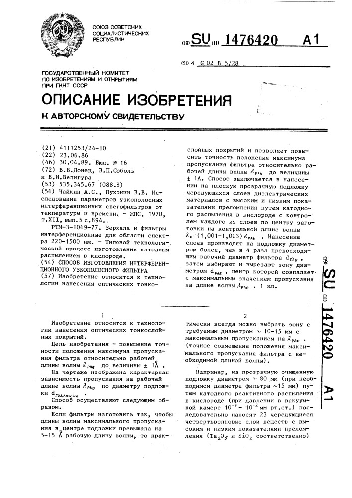 Способ изготовления интерференционного узкополосного фильтра (патент 1476420)