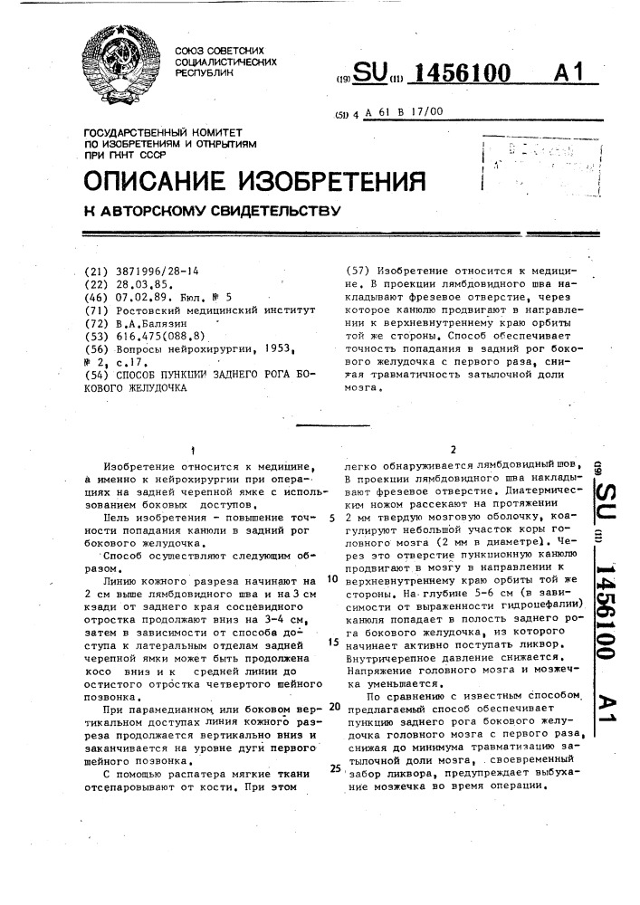 Способ пункции заднего рога бокового желудочка (патент 1456100)