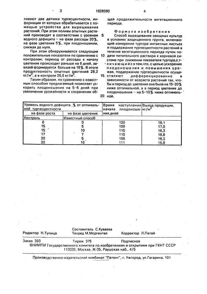 Способ выращивания овощных культур в условиях защищенного грунта (патент 1628980)