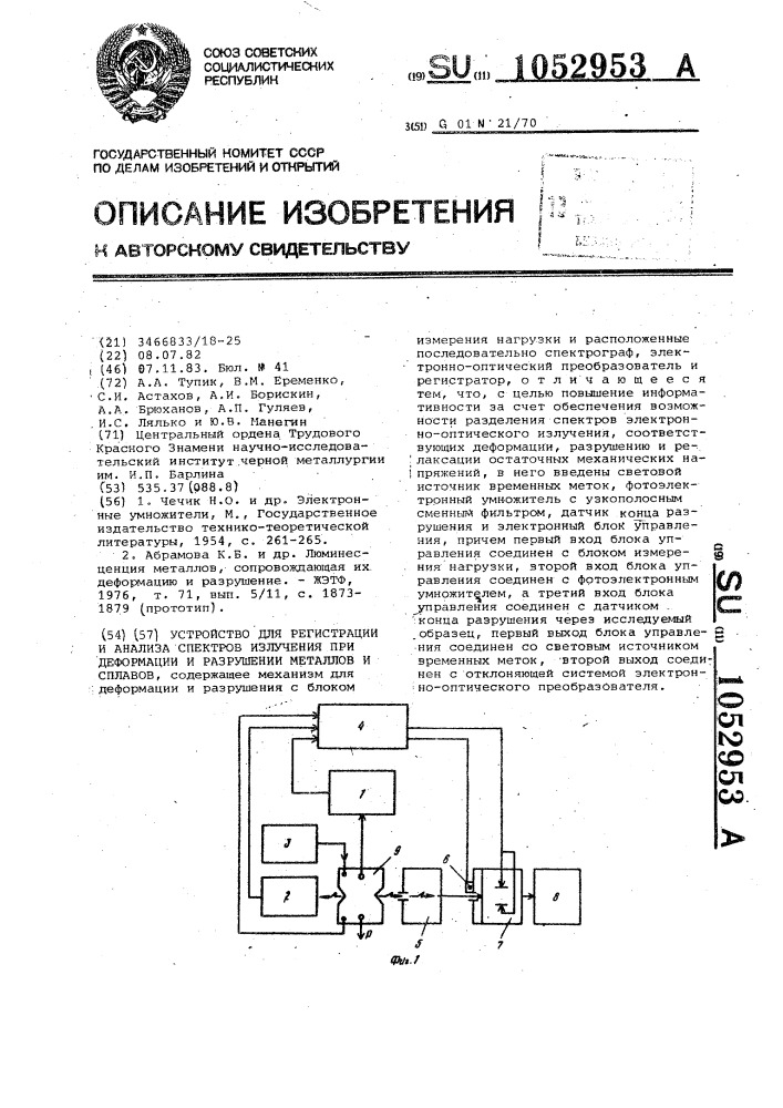 Устройство для регистрации и анализа спектров излучения при деформации и разрушении металлов и сплавов (патент 1052953)