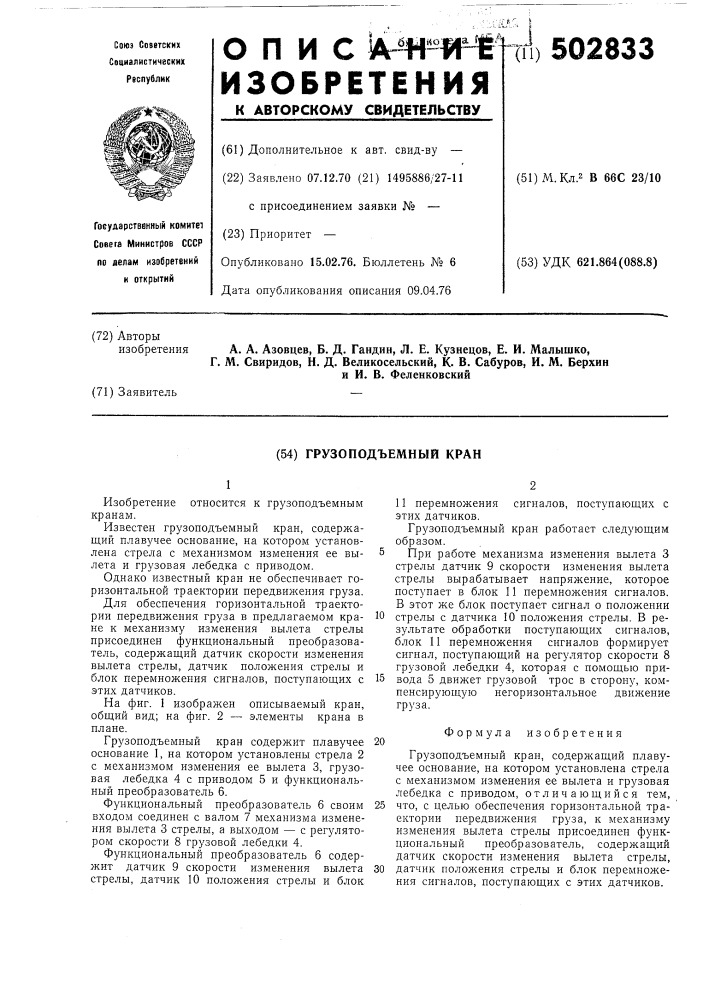 Грузоподьемный кран (патент 502833)