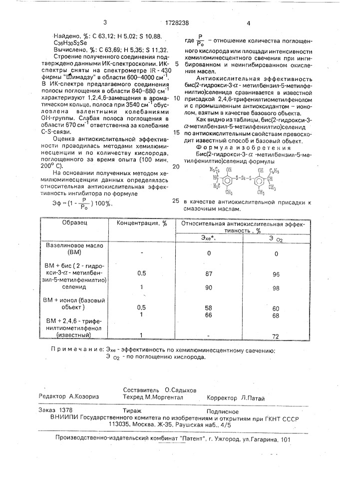 Бис(2-гидрокси-3- @ -метилбензил-5-метилфенилтио)селенид в качестве антиокислительной присадки к смазочным маслам (патент 1728238)