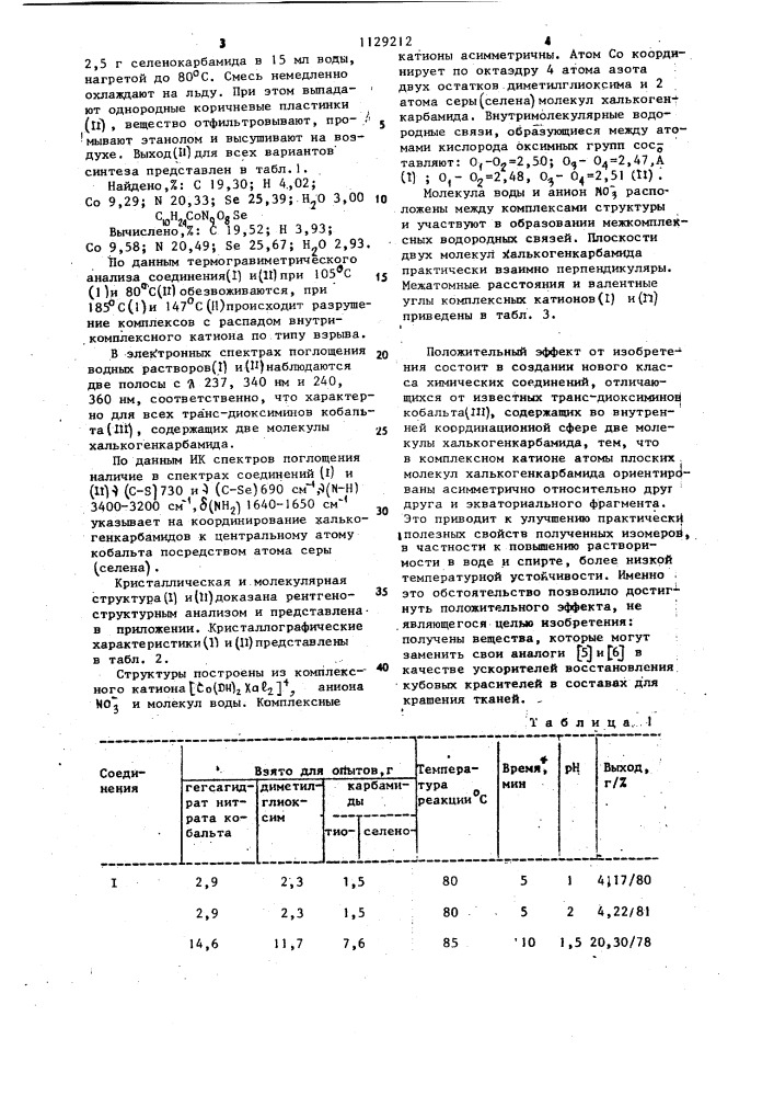 Моногидраты нитраты асимметричные транс- бисдиметилглиоксиматоди(халькогенкарбамид)кобальта(ш) и способ их получения (патент 1129212)