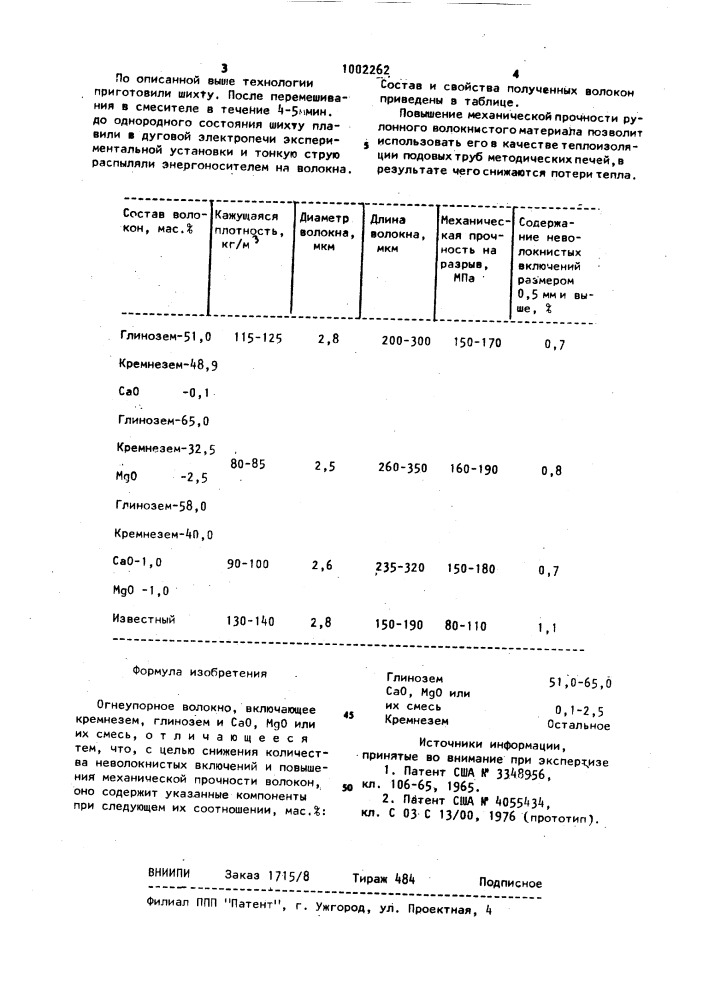 Огнеупорное волокно (патент 1002262)