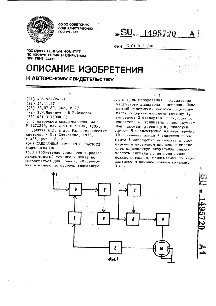 Панорамный измеритель частоты радиосигналов (патент 1495720)