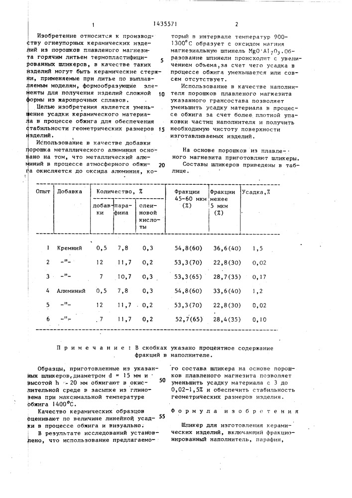 Шликер для изготовления керамических изделий (патент 1435571)