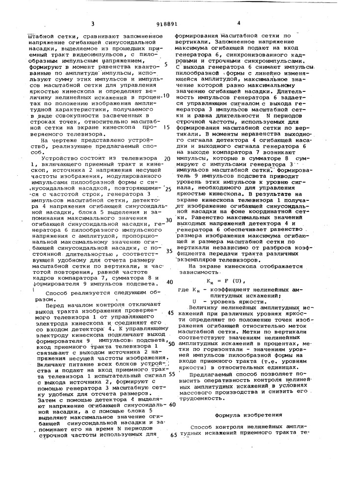 Способ контроля нелинейных амплитудных искажений приемного тракта телевизора для сигнала яркости (патент 918891)