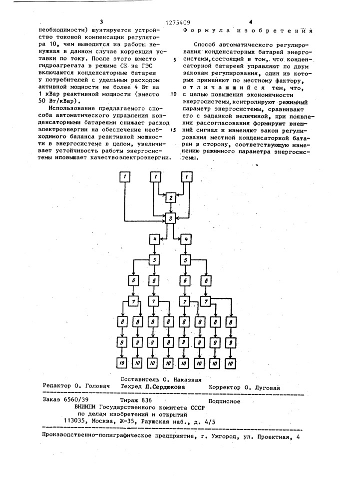 Способ автоматического регулирования конденсаторных батарей энергосистемы (патент 1275409)