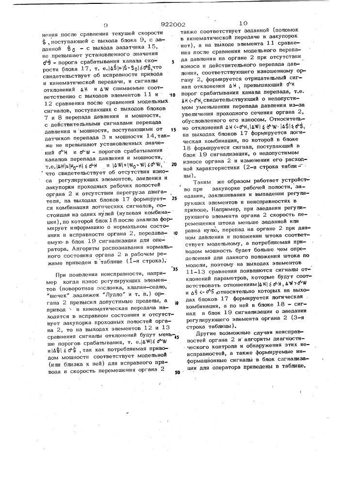 Устройство автоматического обнаружения неисправностей приводного регулирующего органа транспортного трубопровода (патент 922002)