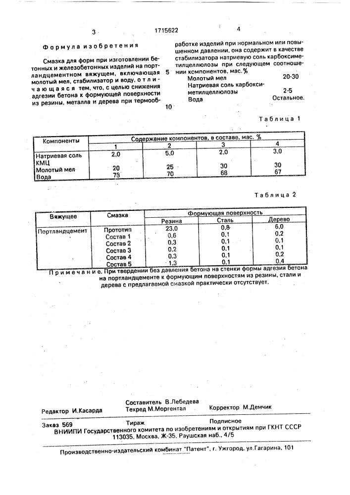 Смазка для форм (патент 1715622)