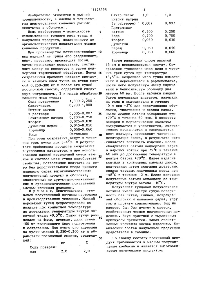 Способ производства ветчинно-колбасных изделий из тунца (патент 1178395)