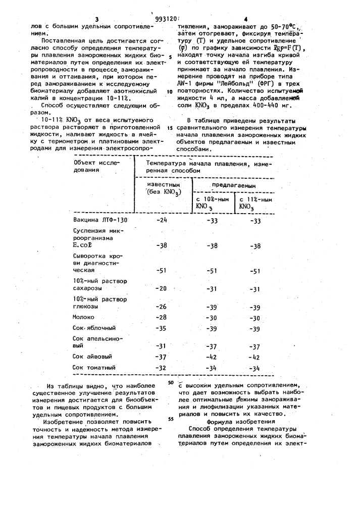 Способ определения температуры плавления замороженных жидких биоматериалов (патент 993120)