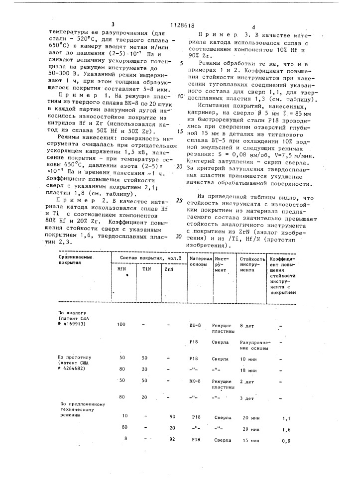 Материал износостойкого покрытия металлорежущего инструмента (патент 1128618)