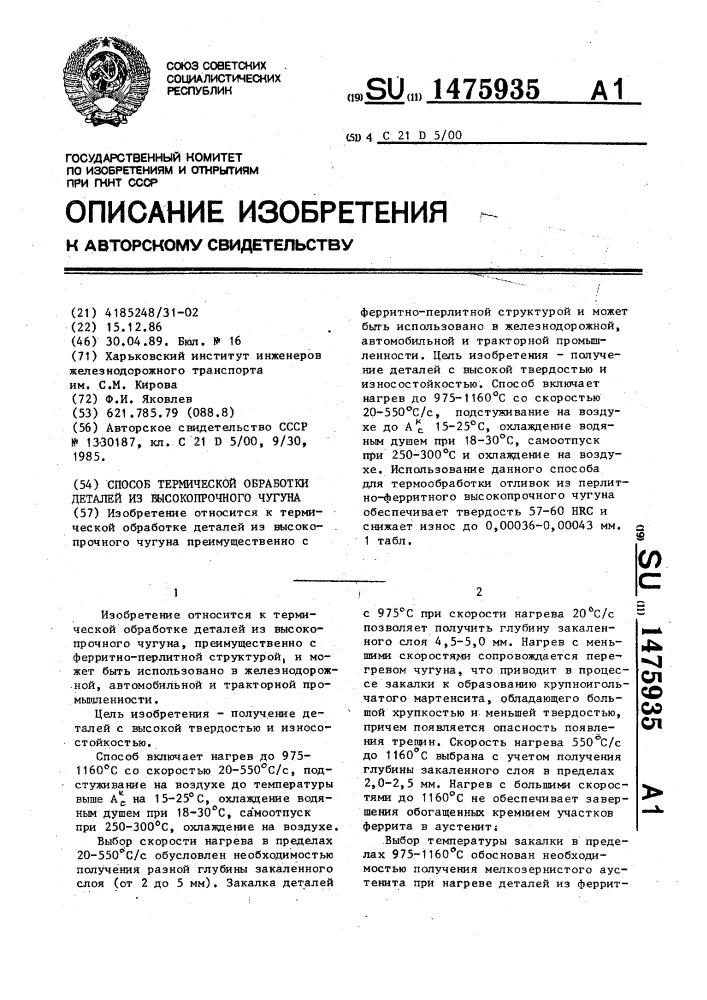 Способ термической обработки деталей из высокопрочного чугуна (патент 1475935)