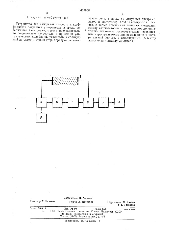 Устройство для измерения скорости и коэффициента затухания ультразвука (патент 437008)