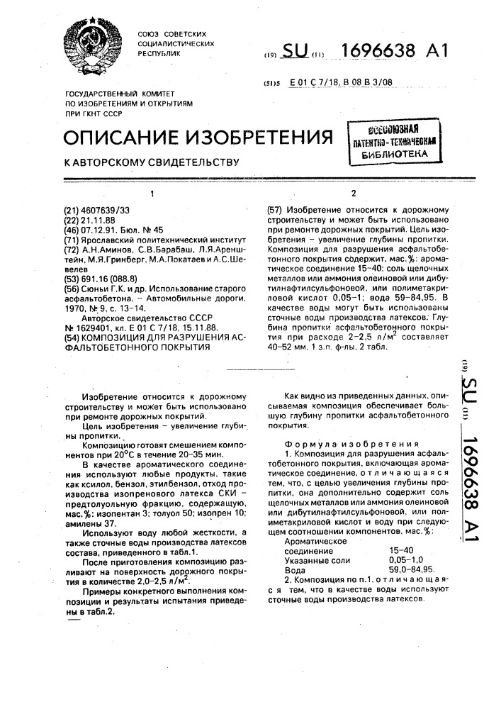Композиция для разрушения асфальтобетонного покрытия (патент 1696638)