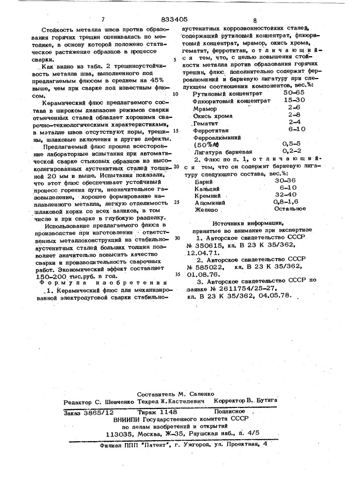 Керамический флюс для механизи-рованной электродуговой сварки (патент 833405)