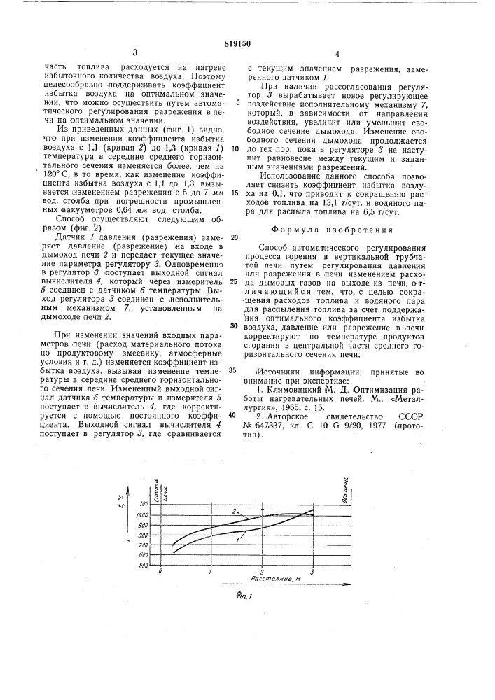 Способ автоматического регули-рования процесса горения b вертикальнойтрубчатой печи (патент 819150)