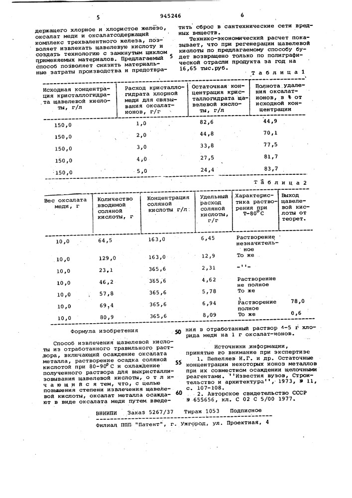 Способ извлечения щавелевой кислоты из отработанного травильного раствора (патент 945246)