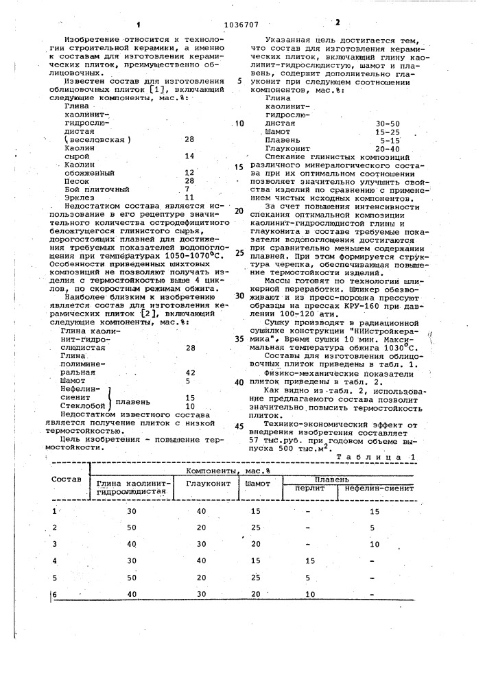 Состав для изготовления керамических плиток (патент 1036707)