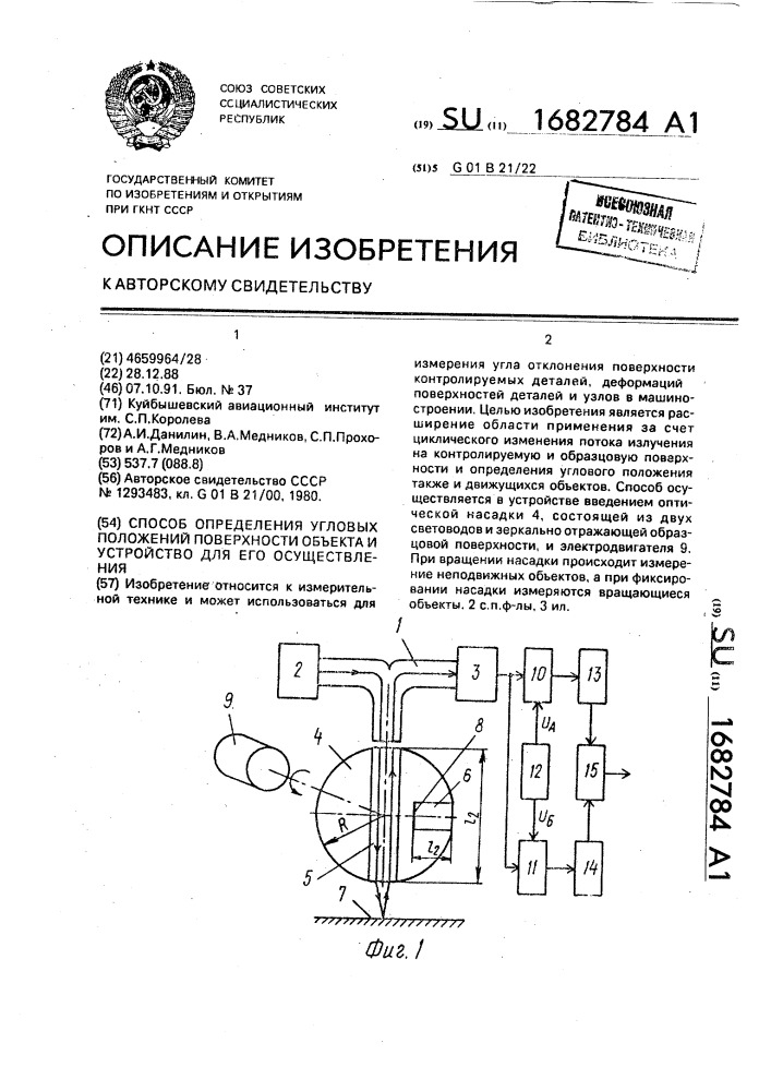 Способ определения угловых положений поверхности объекта и устройство для его осуществления (патент 1682784)