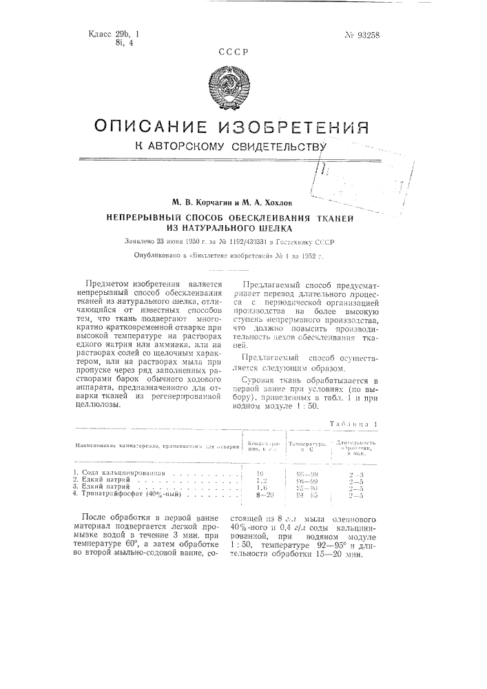 Непрерывный способ обесклеивания тканей из натурального шелка (патент 93258)