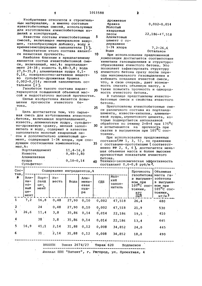 Сырьевая смесь для изготовления ячеистого бетона (патент 1011588)