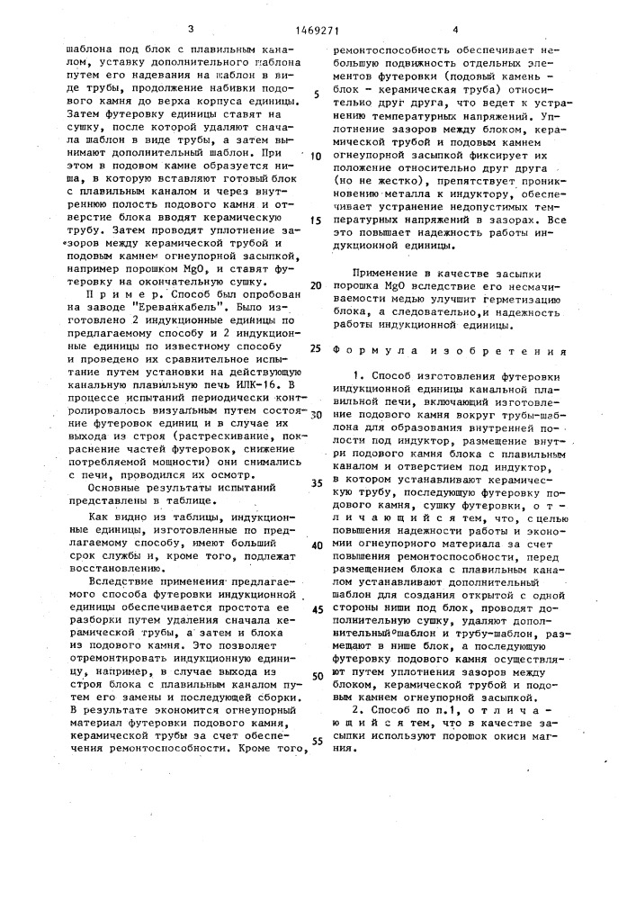 Способ изготовления футеровки индукционной единицы канальной плавильной печи (патент 1469271)