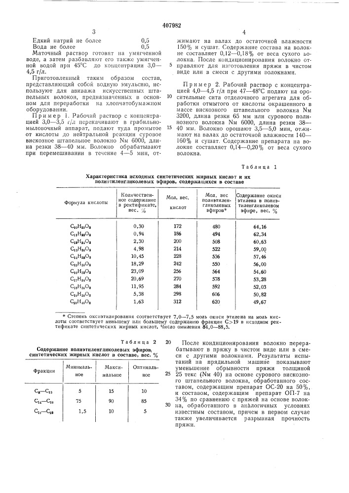 Состав для авиважа искусственных штапельных волокон (патент 407982)