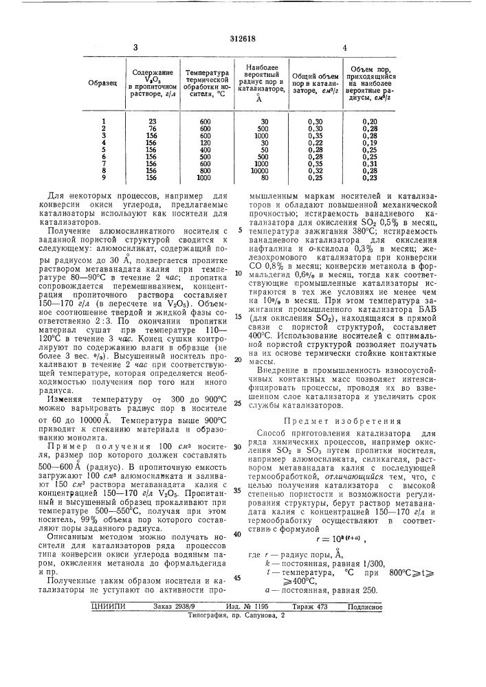 Способ приготовления катализатора для ряда химических процессов (патент 312618)