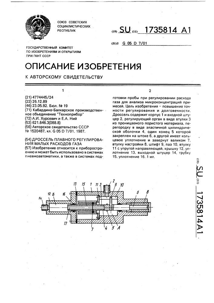 Дроссель плавного регулирования малых расходов газа (патент 1735814)