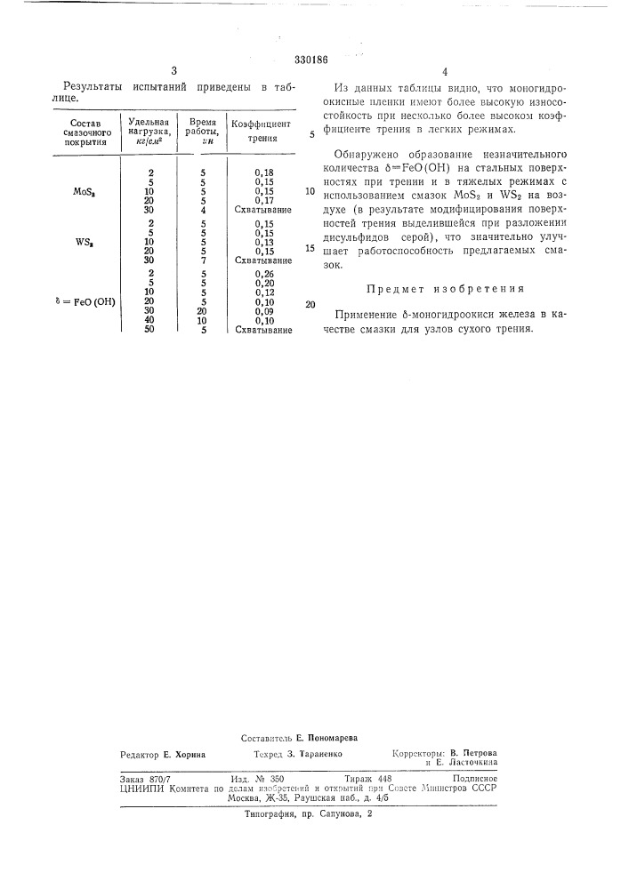 Смазка для узлов сухого трения (патент 330186)