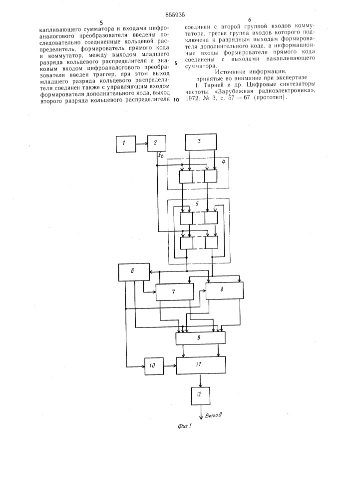 Цифровой синтезатор частоты (патент 855935)