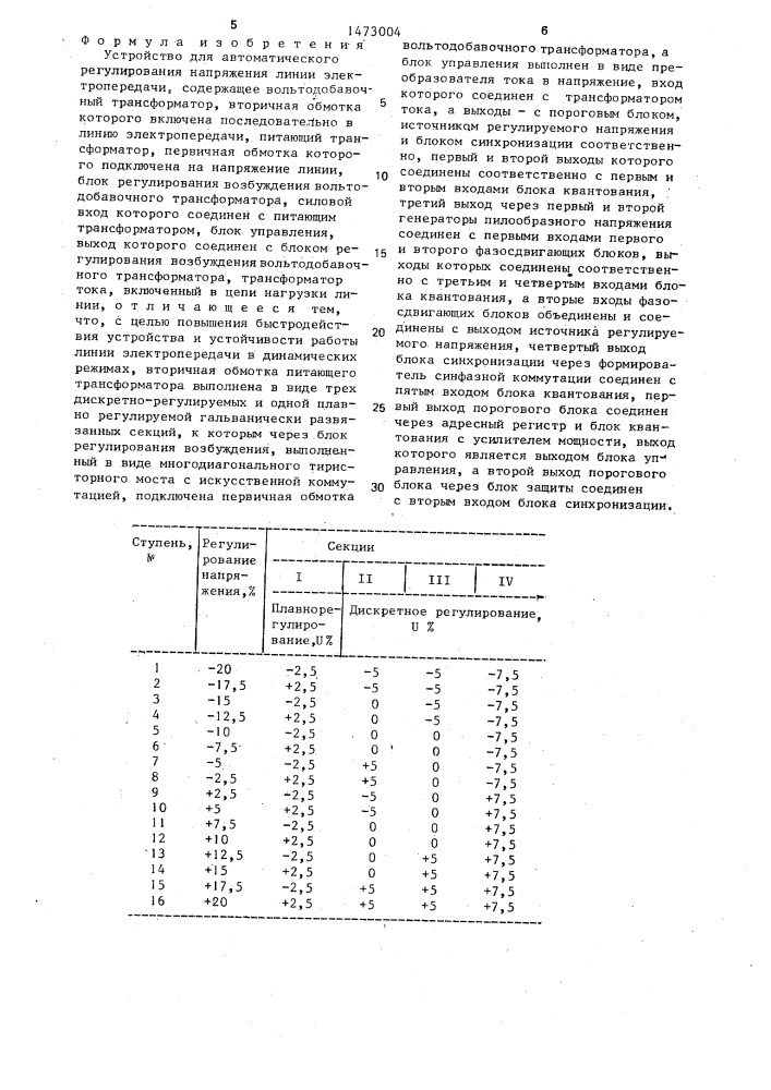 Устройство для автоматического регулирования напряжения линии электропередачи (патент 1473004)