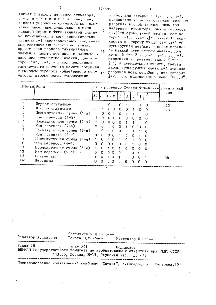 Конвейерный сумматор (патент 1541595)