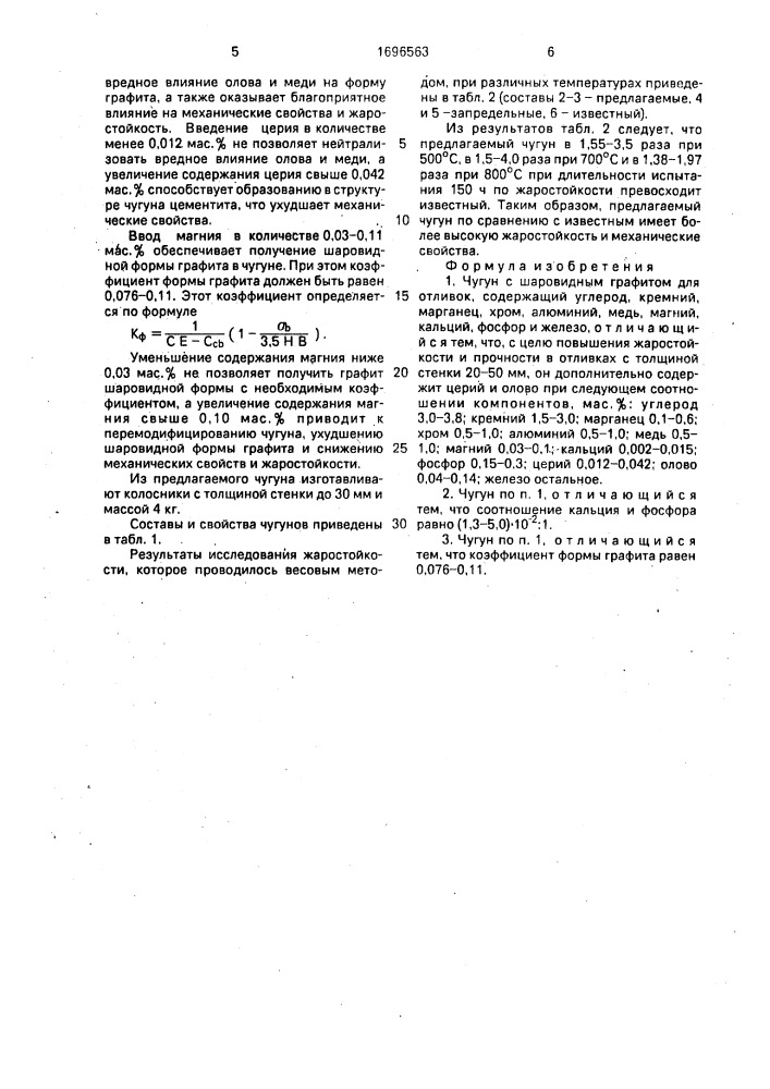 Чугун с шаровидным графитом для отливок (патент 1696563)