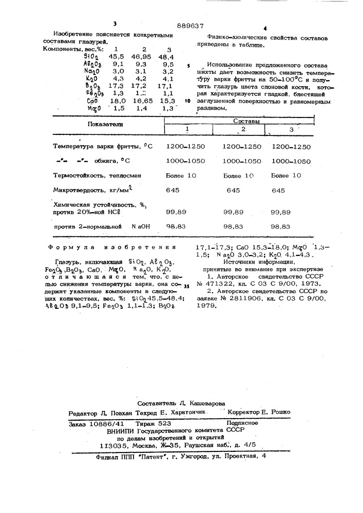 Глазурь (патент 889637)