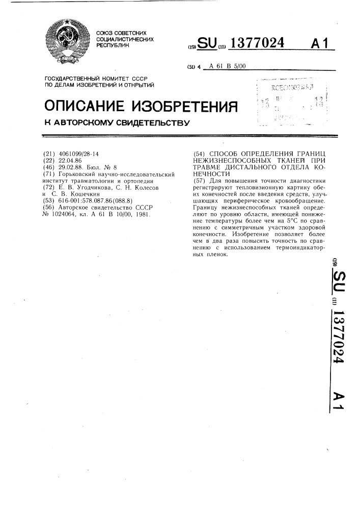 Способ определения границ нежизнеспособных тканей при травме дистального отдела конечности (патент 1377024)