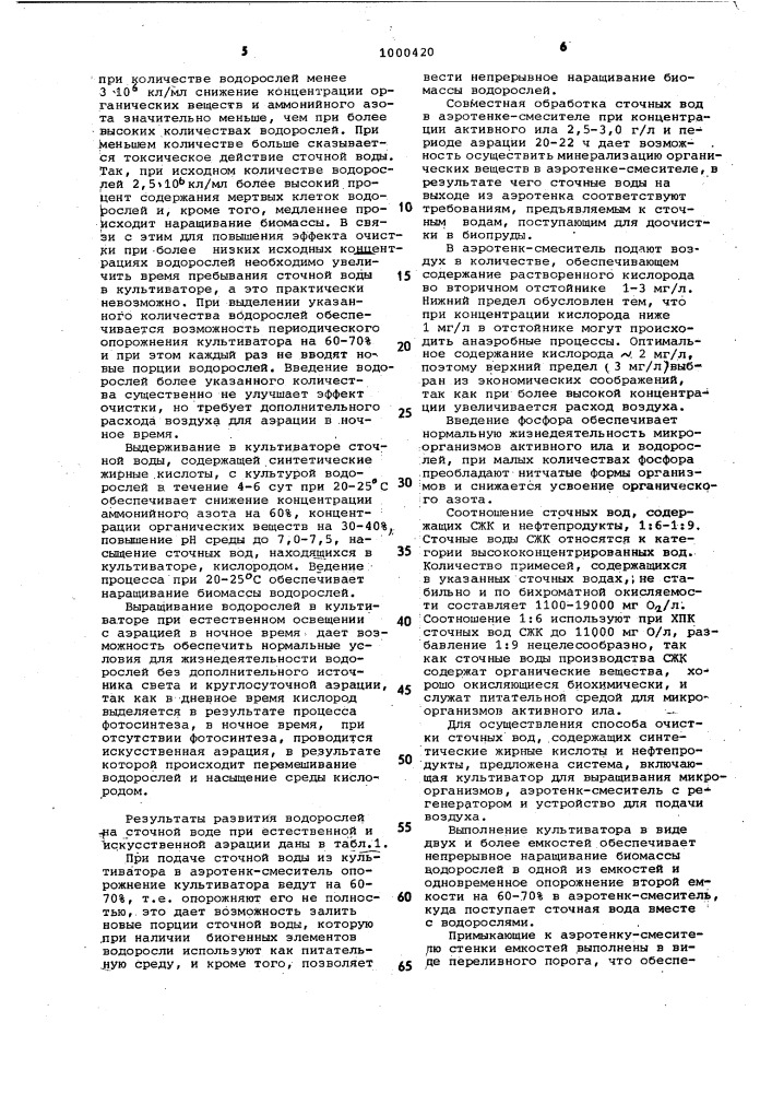 Способ биологической очистки сточных вод,содержащих синтетические жирные кислоты,и устройство для его осуществления (патент 1000420)