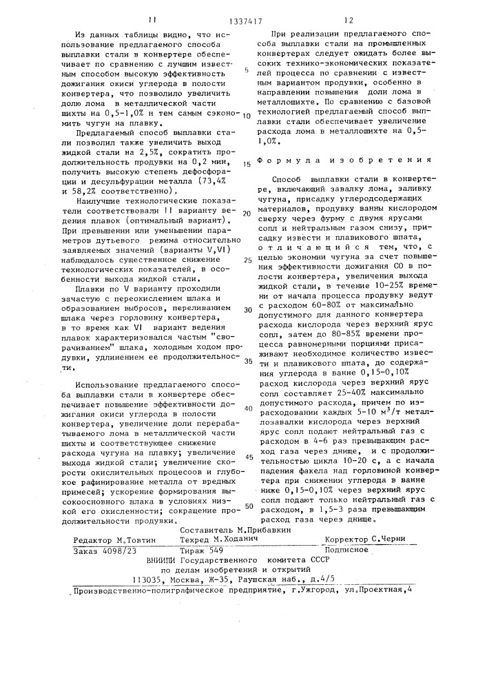 Способ выплавки стали в конвертере (патент 1337417)