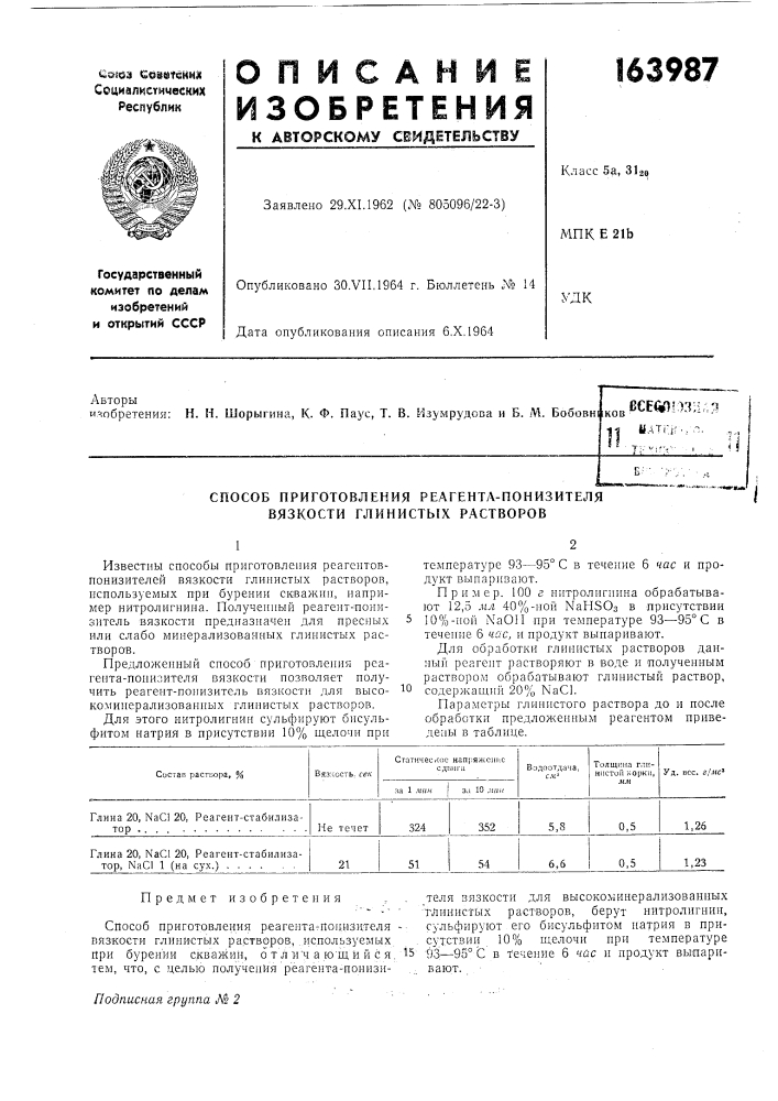 Способ приготовления реагента-понизителя вязкости глинистых растворов (патент 163987)