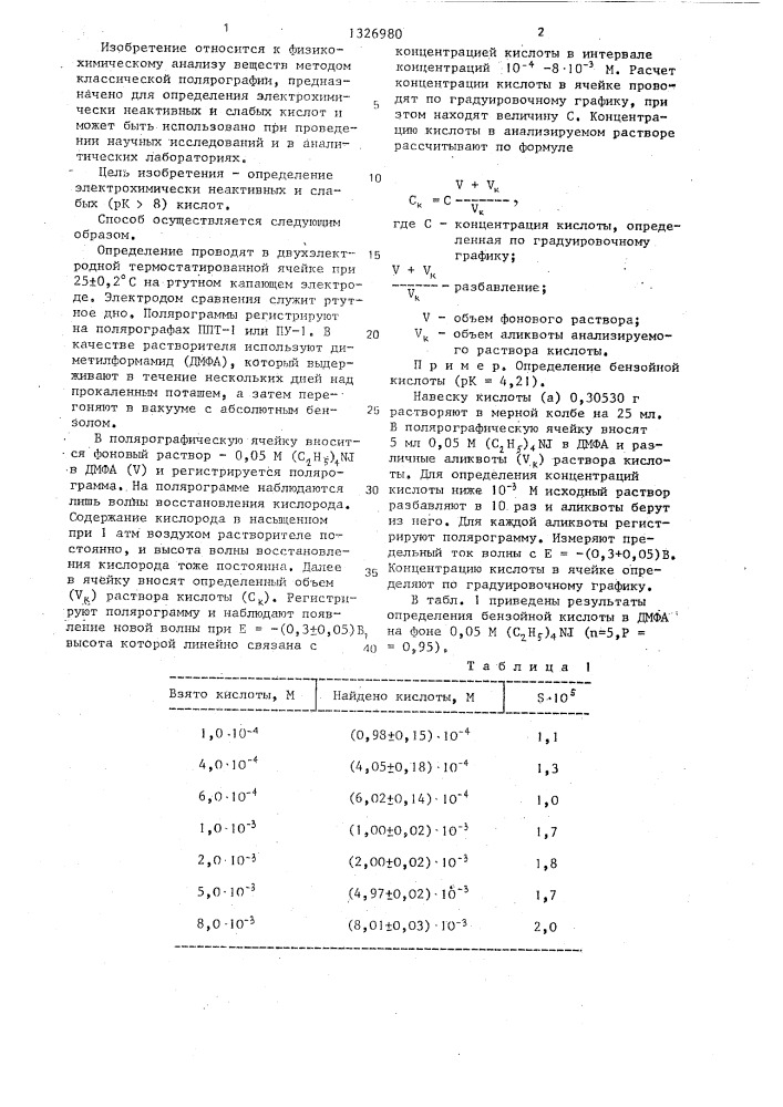 Способ полярографического определения кислот (патент 1326980)