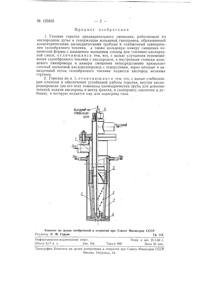 Газовая горелка (патент 125855)