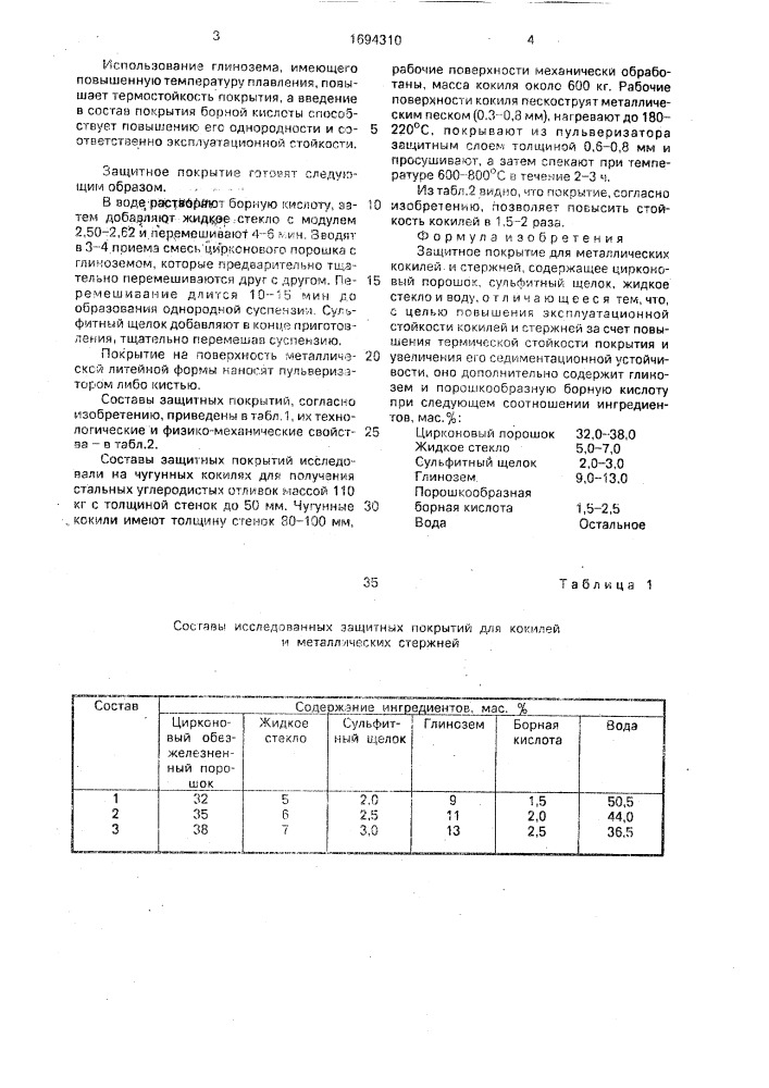 Защитное покрытие для металлических кокилей и стержней (патент 1694310)